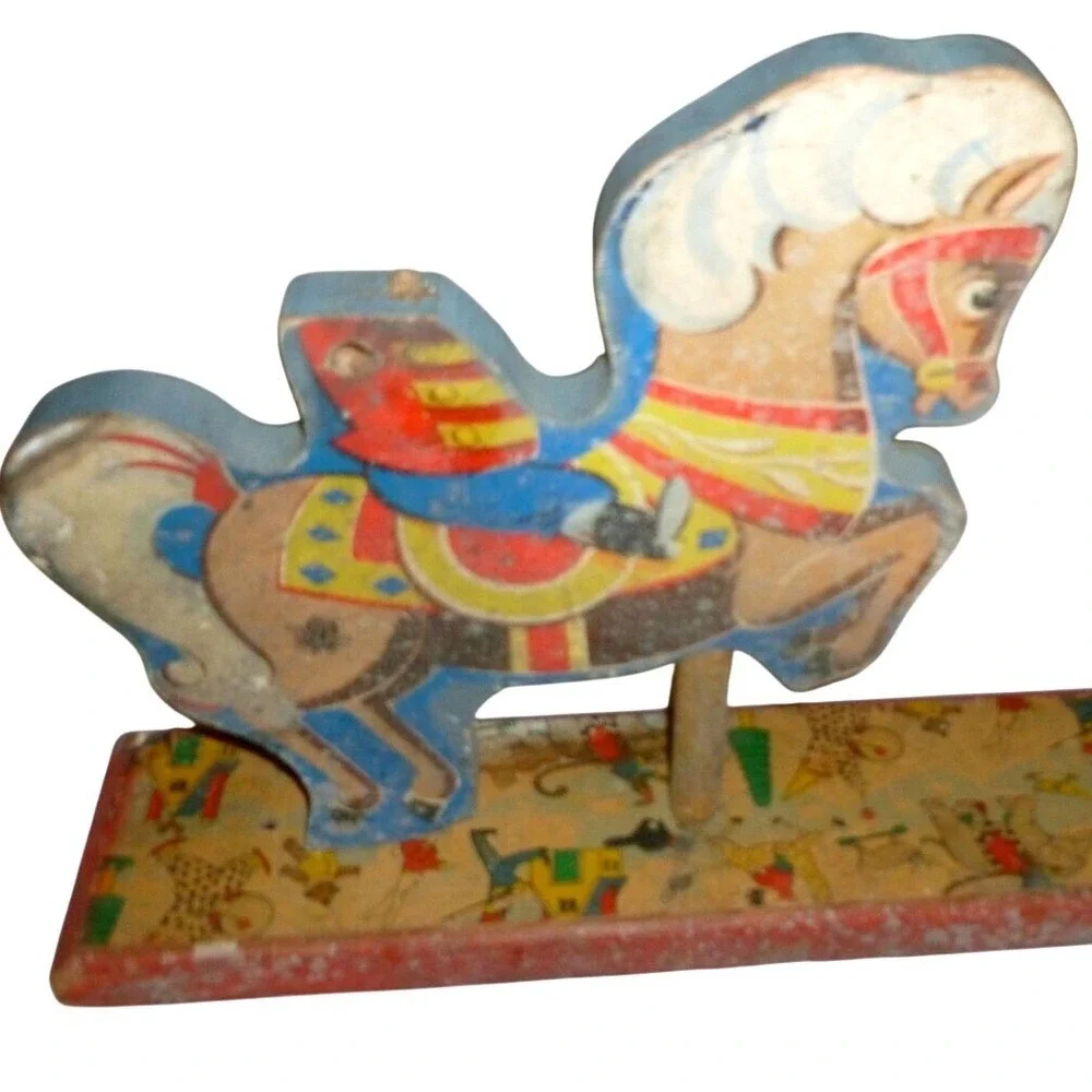 Vintage Wooden Circus Horse Pull Toy Litho Soldier Primitive Decor AS IS